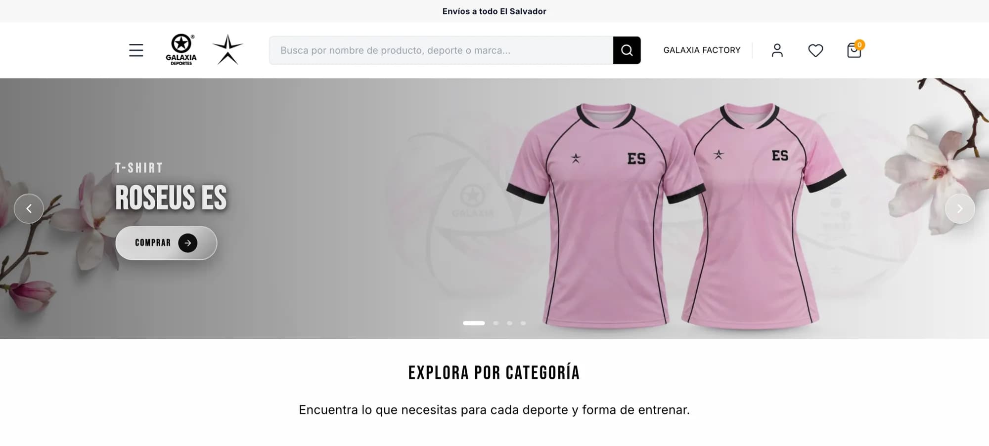 Galaxia Deportes online store home page on desktop, with product search, cart and featured products.