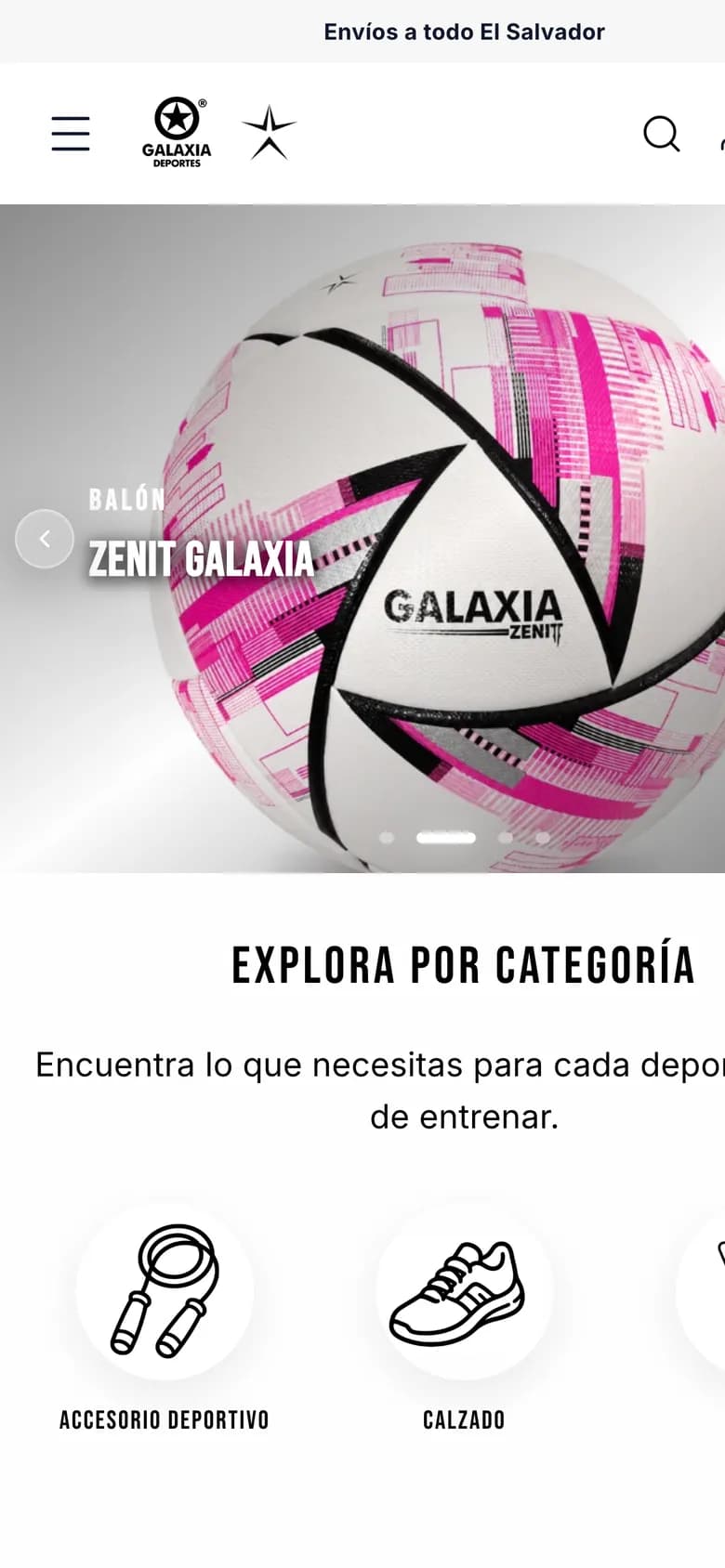 Galaxia Deportes online store on a mobile phone, with a featured product and categories.