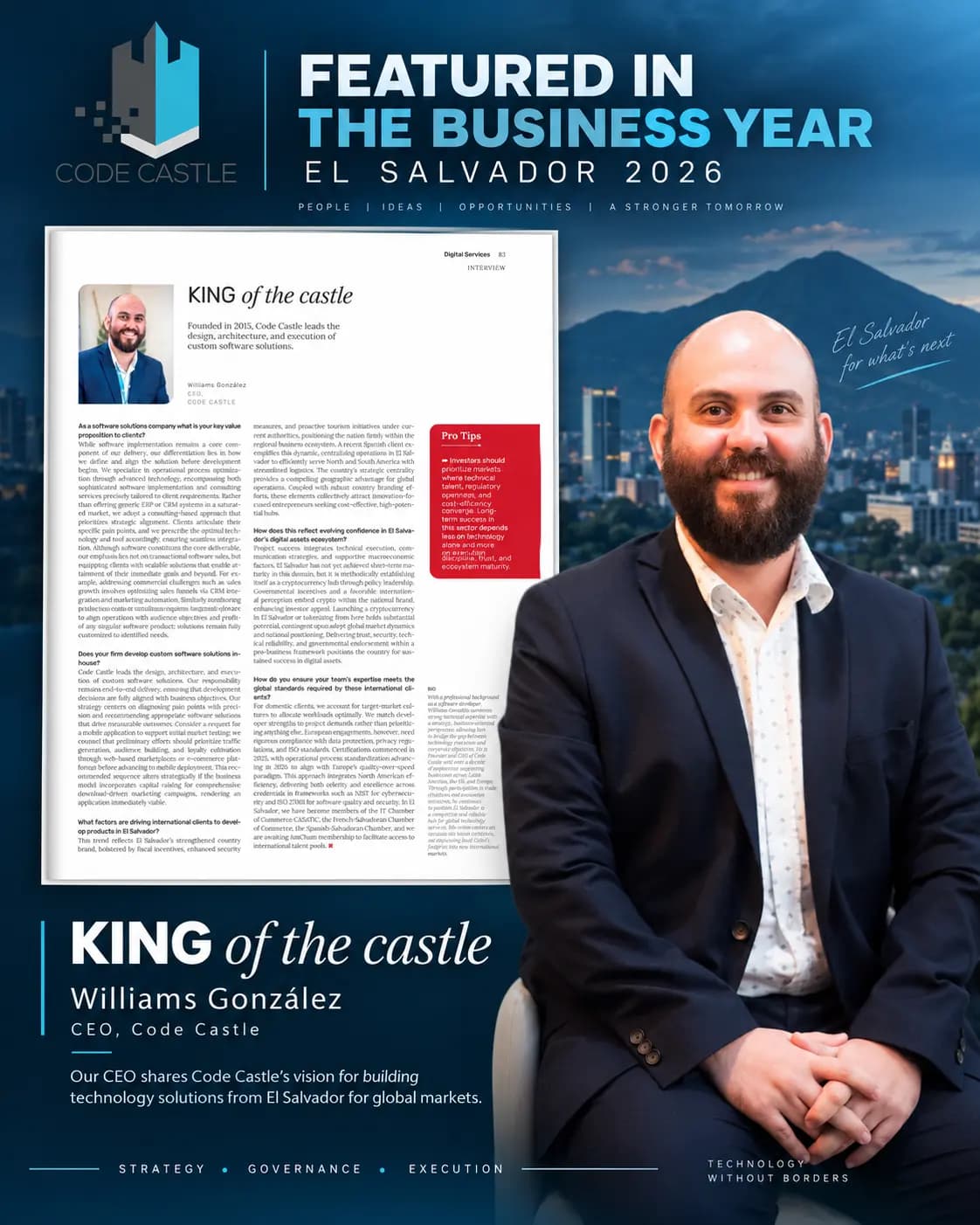 Publicación de The Business Year El Salvador 2026, “KING of the castle”, con Williams González, CEO de CODE CASTLE.