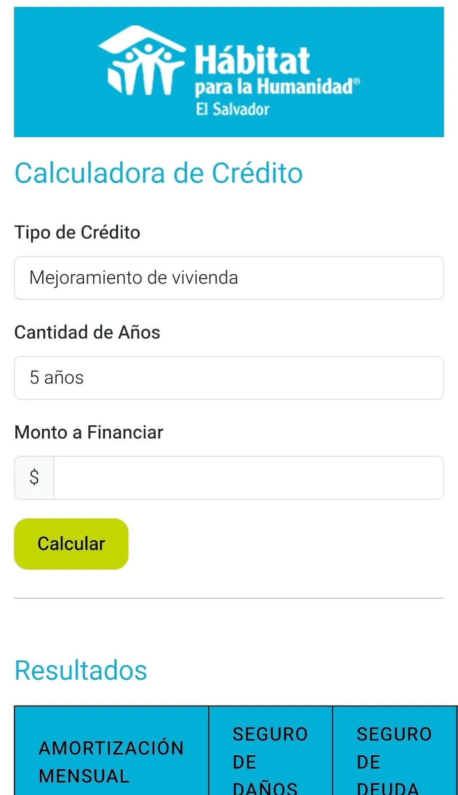 Housing loan calculator delivered for Habitat for Humanity El Salvador, on a mobile phone.